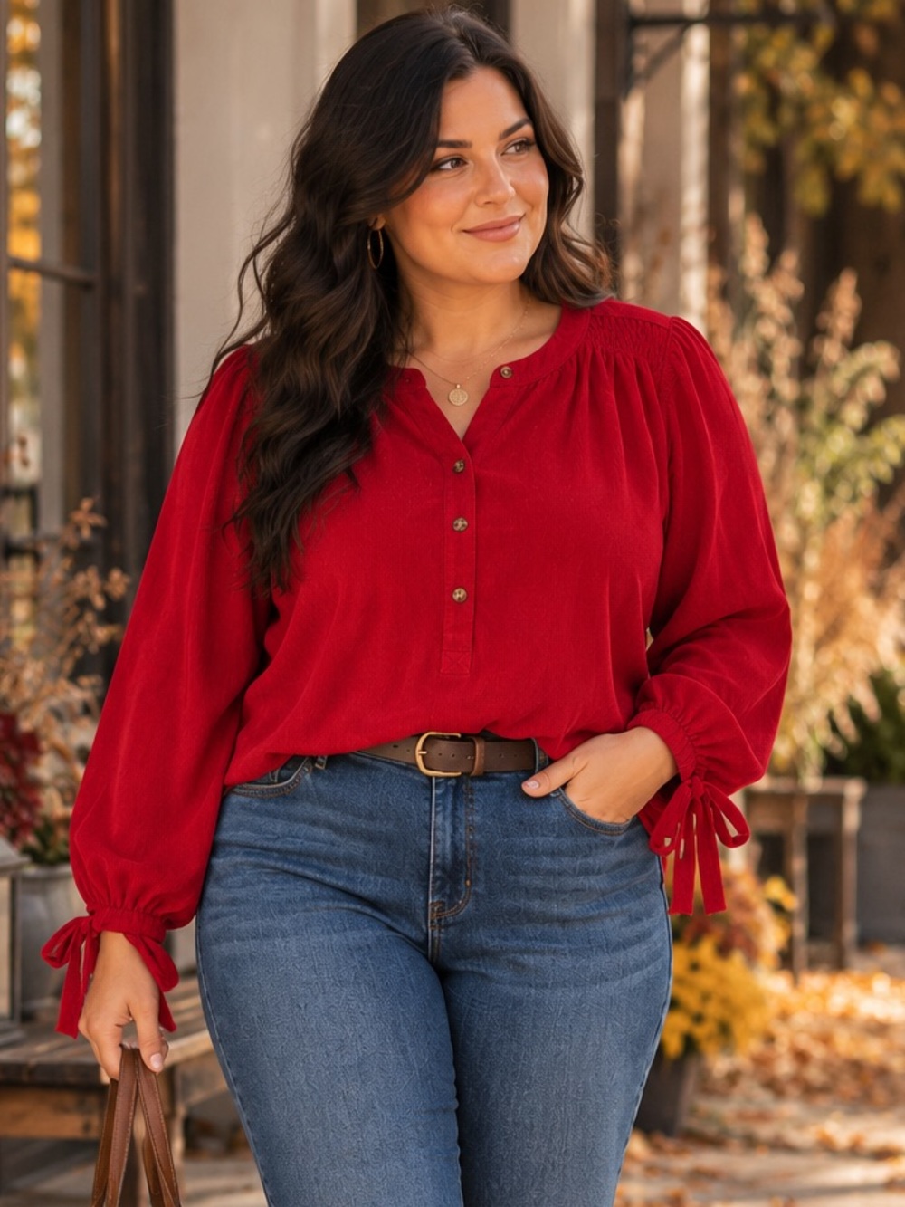 Simply Southern XXL Red Corduroy-look Henley Blouse Tie Sleeve Boho Top Holiday